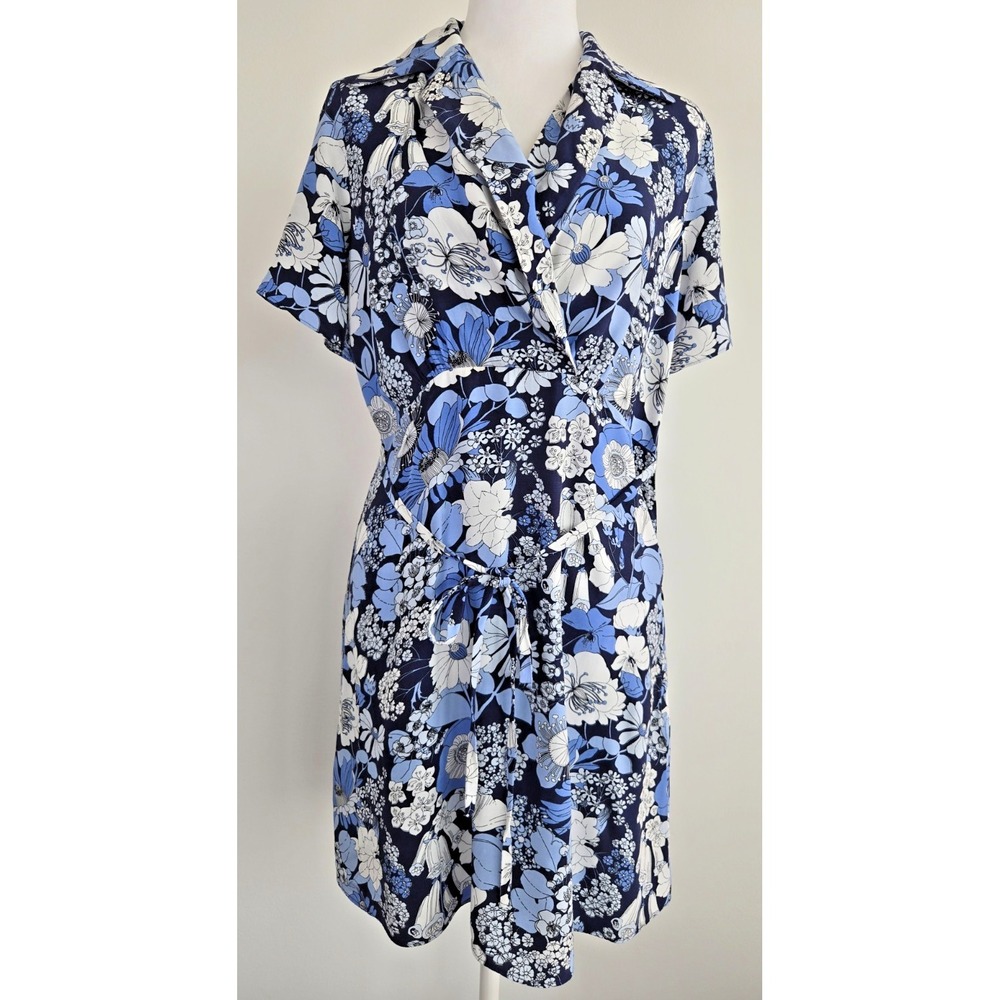 & other Stories Dress Blue Floral V Neck Collared Short Sleeves Highwaist Knee L